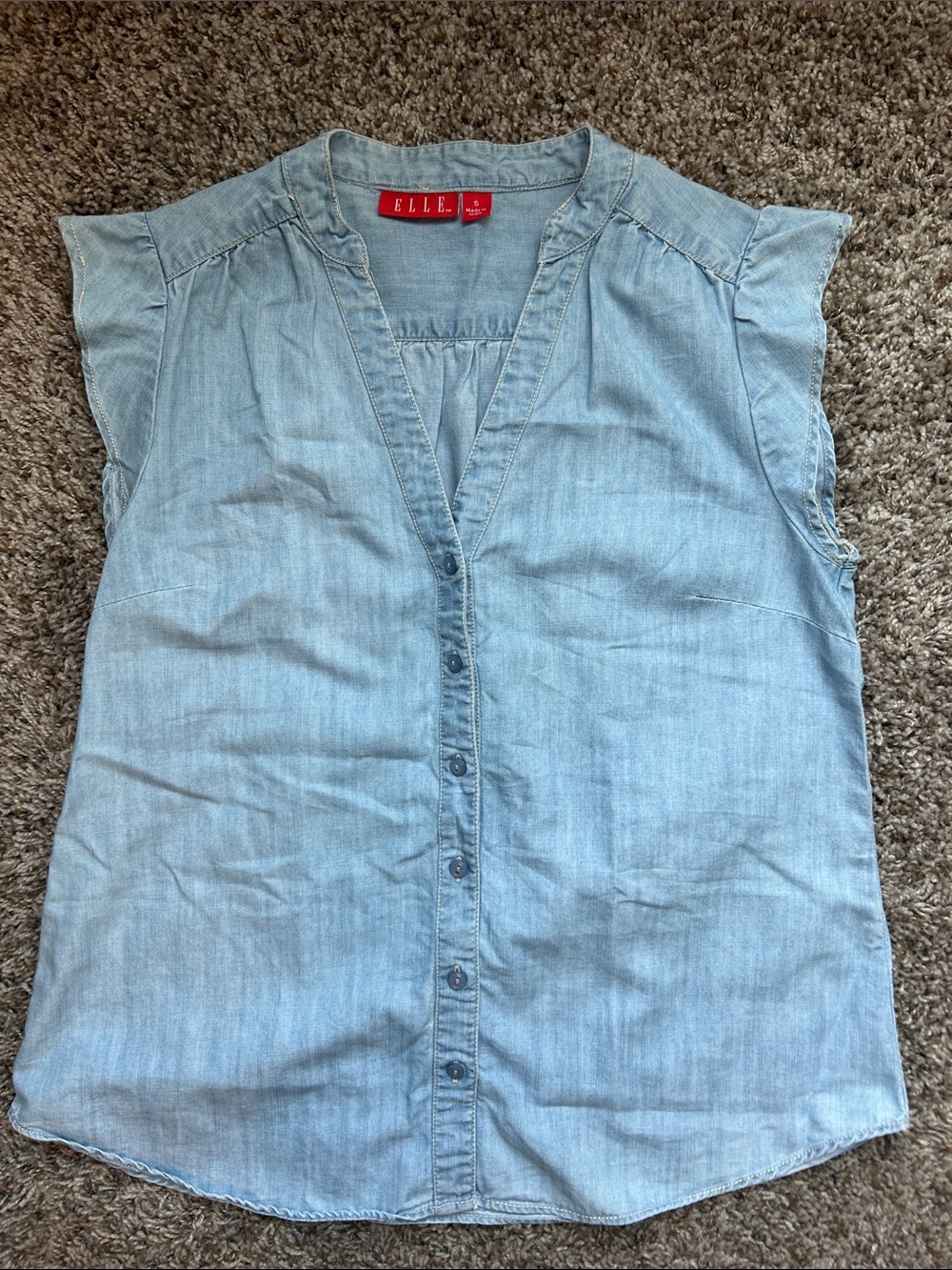 Elle Light Chambray Button-Down Flutter Sleeveless Denim Top